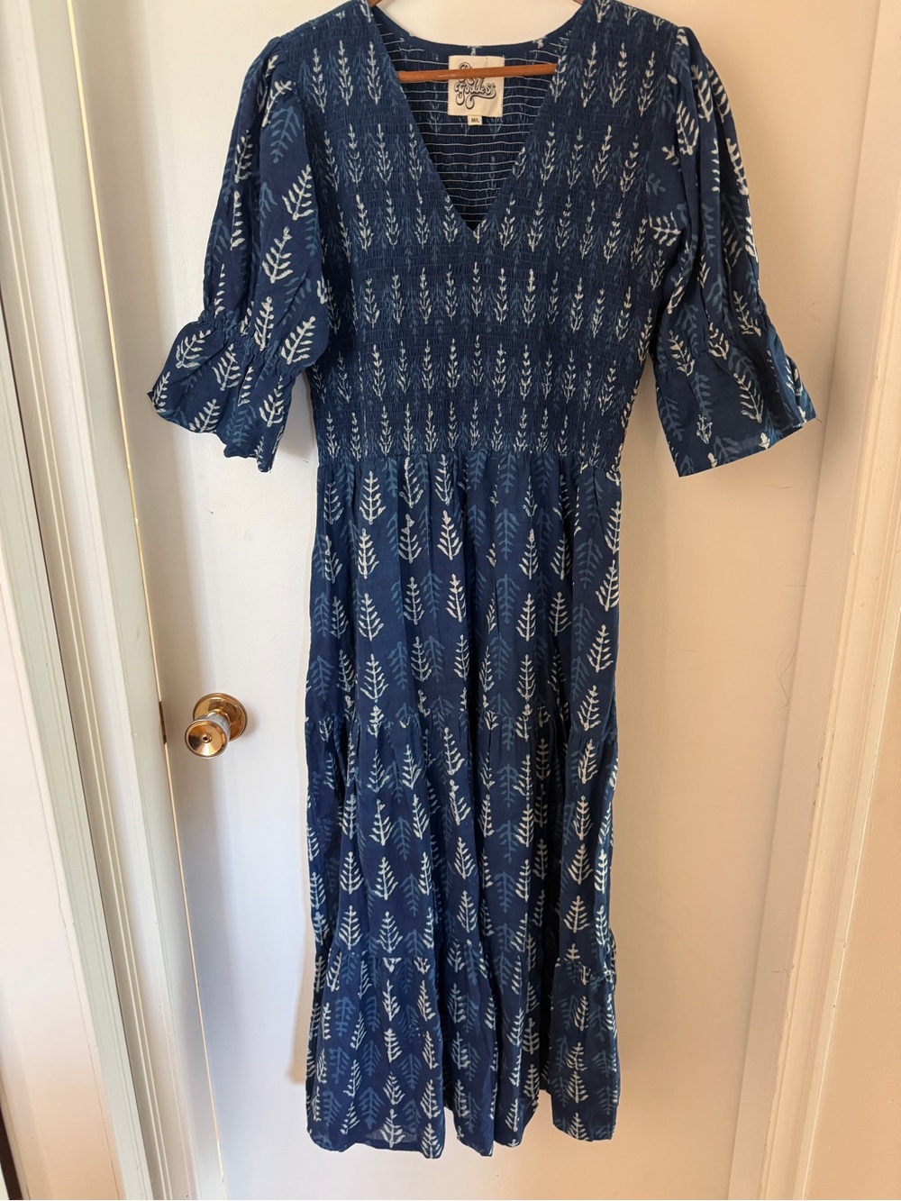 River Goddess Star Kaaya Maxi Dress M/L Indigo Cotton Smocked Boho $246